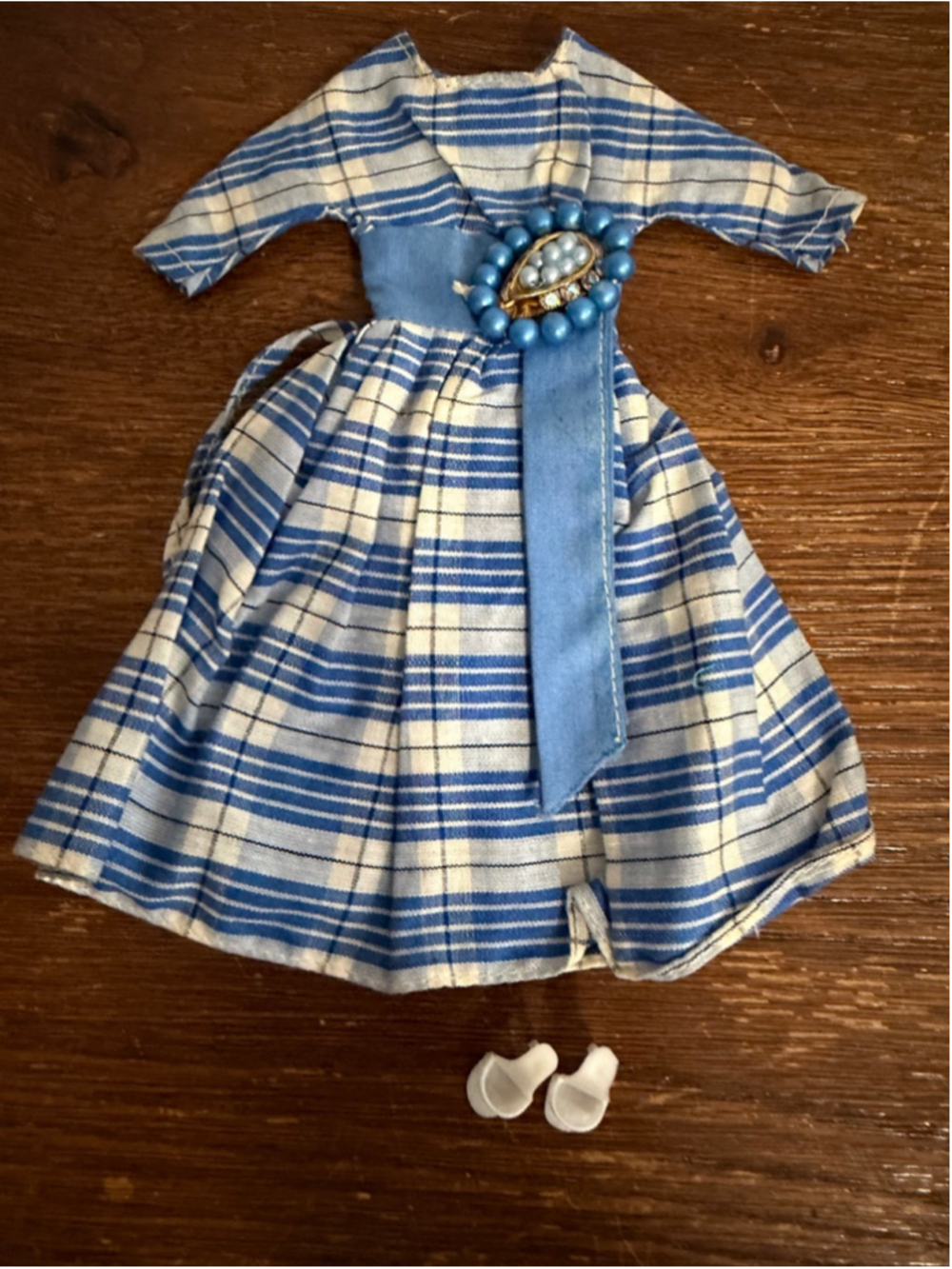 Vintage Barbie Doll Dress Blue Plaid Outfit White Open Toe Heels Metal Snaps TLC